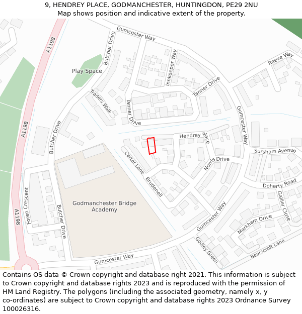 9, HENDREY PLACE, GODMANCHESTER, HUNTINGDON, PE29 2NU: Location map and indicative extent of plot