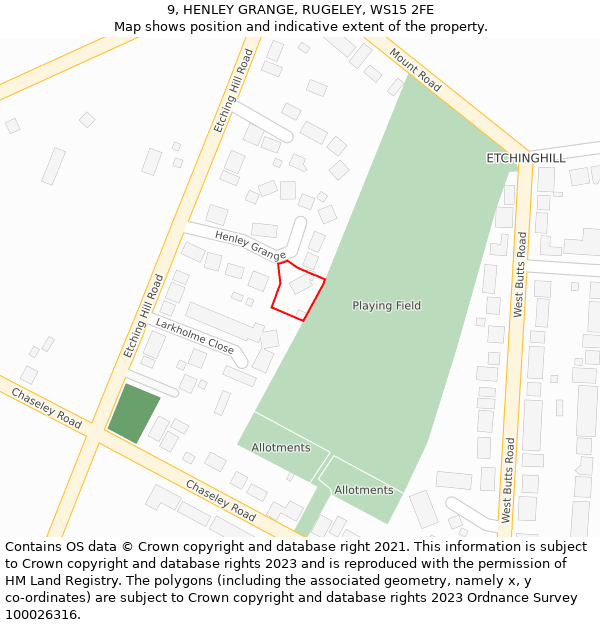 9, HENLEY GRANGE, RUGELEY, WS15 2FE: Location map and indicative extent of plot