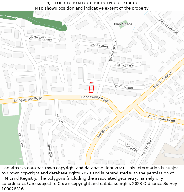 9, HEOL Y DERYN DDU, BRIDGEND, CF31 4UD: Location map and indicative extent of plot