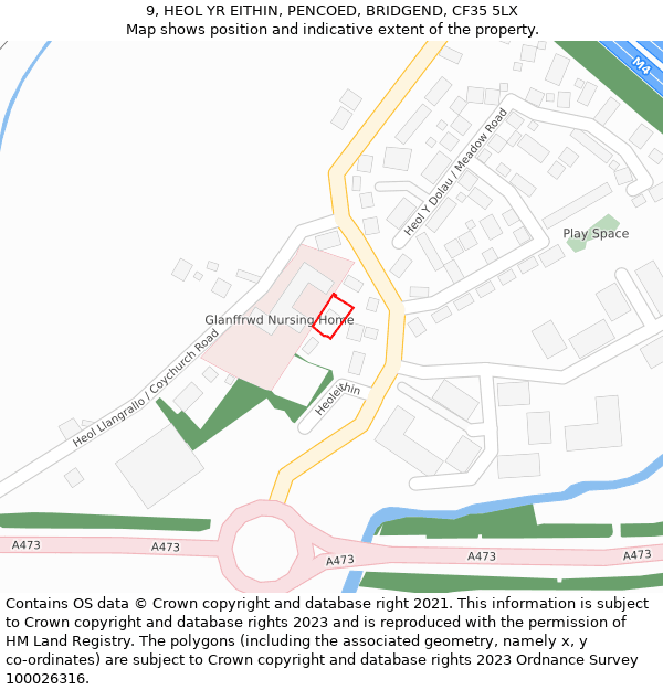 9, HEOL YR EITHIN, PENCOED, BRIDGEND, CF35 5LX: Location map and indicative extent of plot