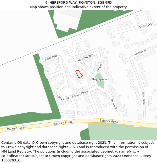 9, HEREFORD WAY, ROYSTON, SG8 9FD: Location map and indicative extent of plot