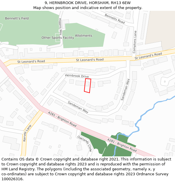 9, HERNBROOK DRIVE, HORSHAM, RH13 6EW: Location map and indicative extent of plot