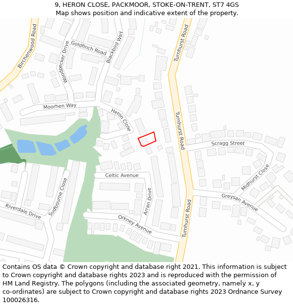 9, HERON CLOSE, PACKMOOR, STOKE-ON-TRENT, ST7 4GS: Location map and indicative extent of plot