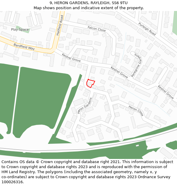 9, HERON GARDENS, RAYLEIGH, SS6 9TU: Location map and indicative extent of plot