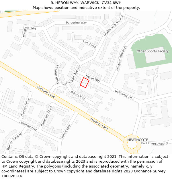 9, HERON WAY, WARWICK, CV34 6WH: Location map and indicative extent of plot