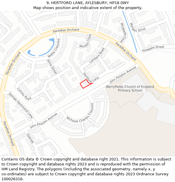 9, HERTFORD LANE, AYLESBURY, HP18 0WY: Location map and indicative extent of plot