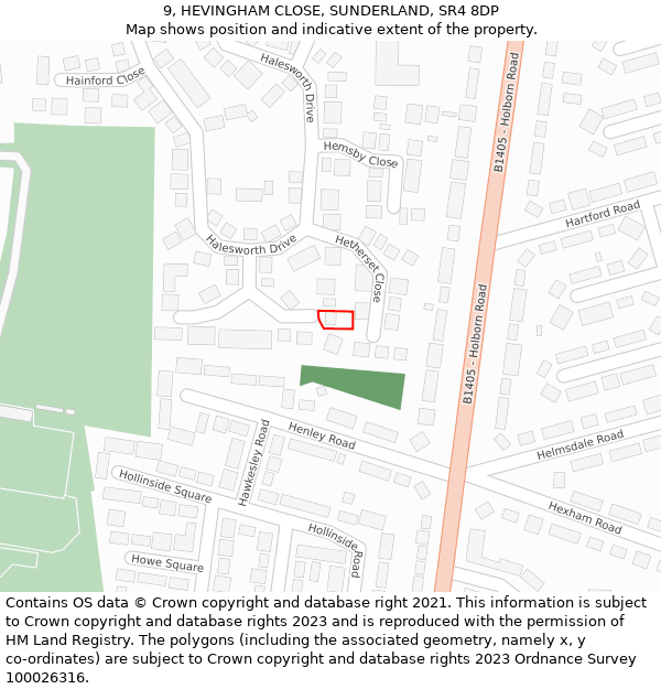 9, HEVINGHAM CLOSE, SUNDERLAND, SR4 8DP: Location map and indicative extent of plot