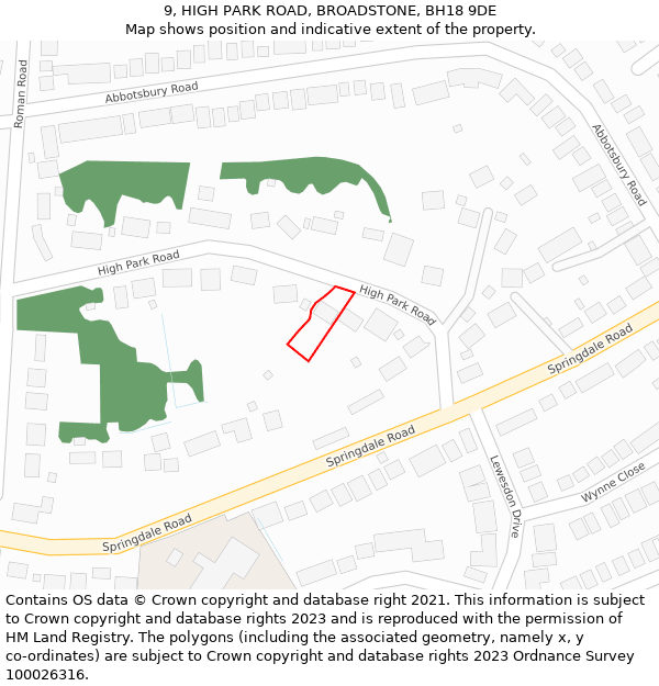 9, HIGH PARK ROAD, BROADSTONE, BH18 9DE: Location map and indicative extent of plot