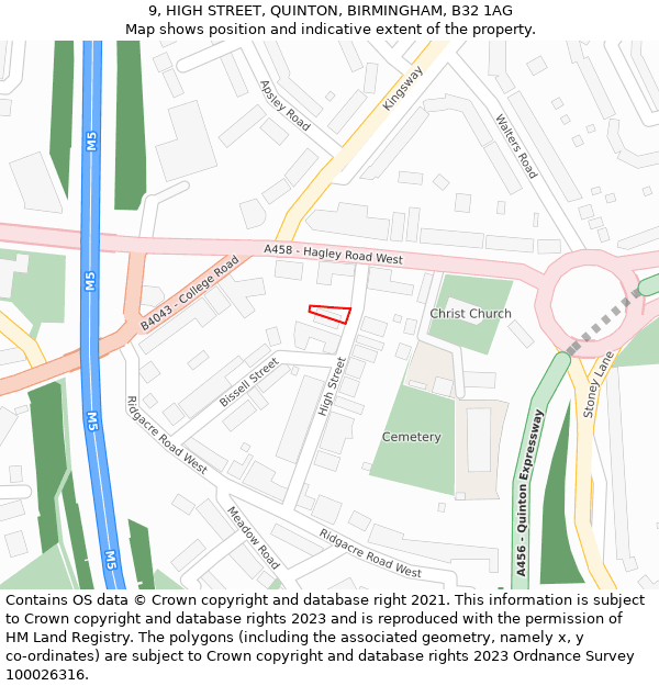 9, HIGH STREET, QUINTON, BIRMINGHAM, B32 1AG: Location map and indicative extent of plot