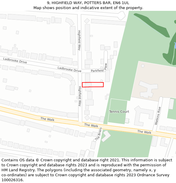 9, HIGHFIELD WAY, POTTERS BAR, EN6 1UL: Location map and indicative extent of plot