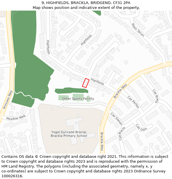 9, HIGHFIELDS, BRACKLA, BRIDGEND, CF31 2PA: Location map and indicative extent of plot