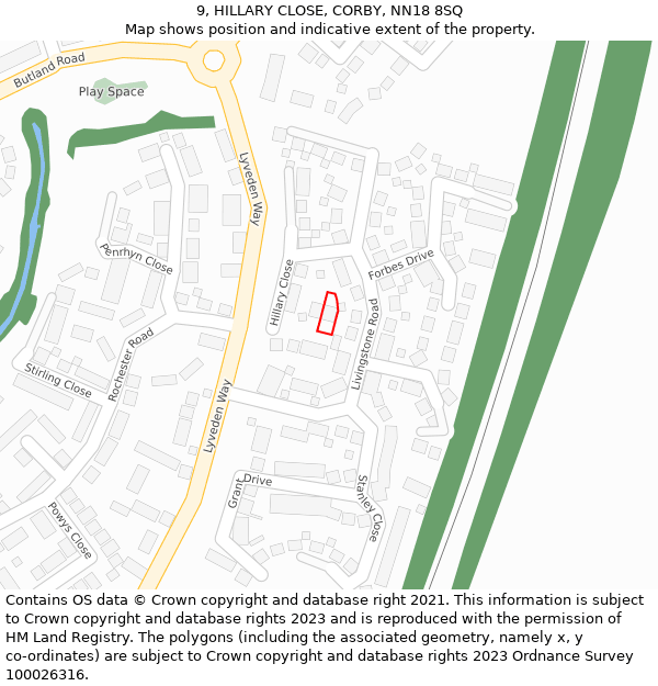 9, HILLARY CLOSE, CORBY, NN18 8SQ: Location map and indicative extent of plot