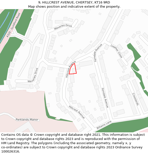 9, HILLCREST AVENUE, CHERTSEY, KT16 9RD: Location map and indicative extent of plot
