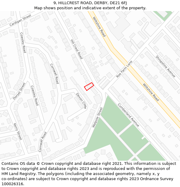 9, HILLCREST ROAD, DERBY, DE21 6FJ: Location map and indicative extent of plot