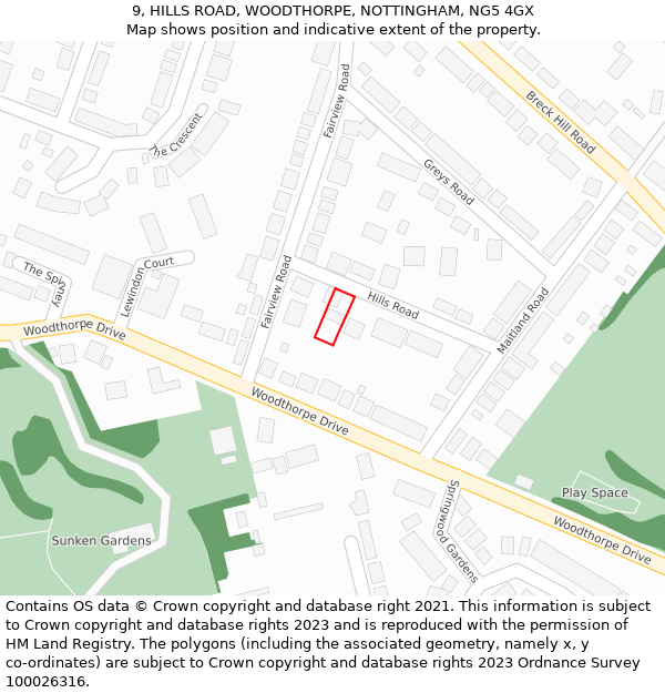 9, HILLS ROAD, WOODTHORPE, NOTTINGHAM, NG5 4GX: Location map and indicative extent of plot