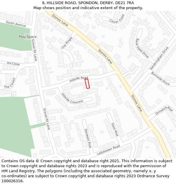 9, HILLSIDE ROAD, SPONDON, DERBY, DE21 7RA: Location map and indicative extent of plot