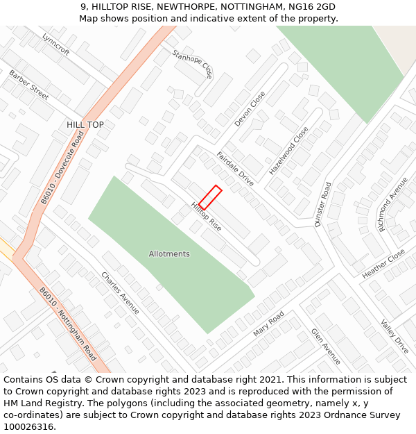 9, HILLTOP RISE, NEWTHORPE, NOTTINGHAM, NG16 2GD: Location map and indicative extent of plot