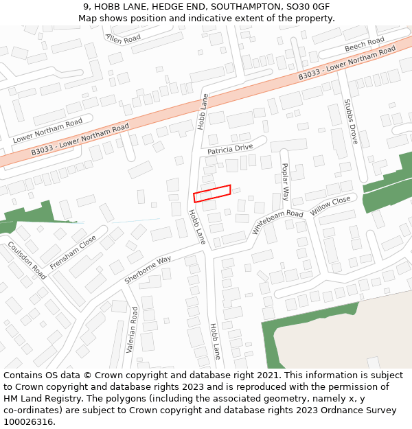 9, HOBB LANE, HEDGE END, SOUTHAMPTON, SO30 0GF: Location map and indicative extent of plot