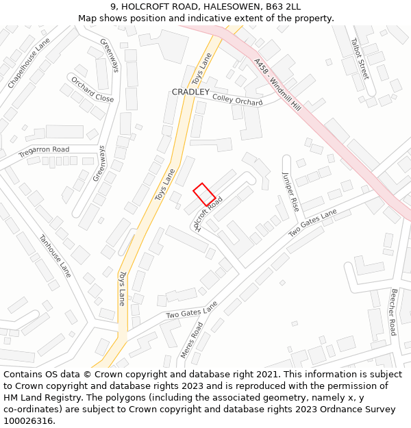 9, HOLCROFT ROAD, HALESOWEN, B63 2LL: Location map and indicative extent of plot