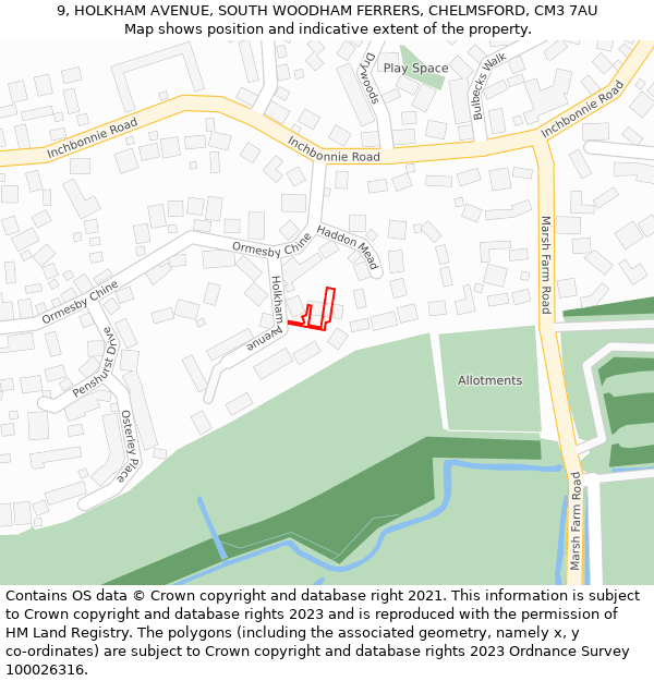 9, HOLKHAM AVENUE, SOUTH WOODHAM FERRERS, CHELMSFORD, CM3 7AU: Location map and indicative extent of plot