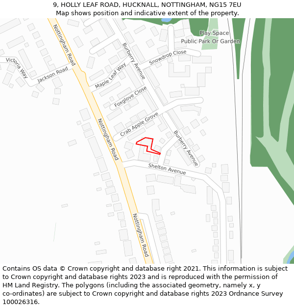 9, HOLLY LEAF ROAD, HUCKNALL, NOTTINGHAM, NG15 7EU: Location map and indicative extent of plot