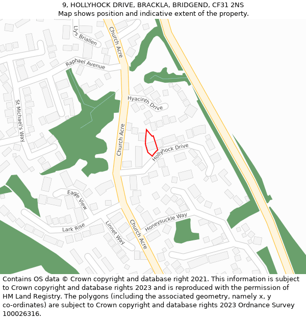 9, HOLLYHOCK DRIVE, BRACKLA, BRIDGEND, CF31 2NS: Location map and indicative extent of plot