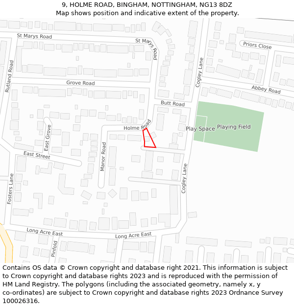 9, HOLME ROAD, BINGHAM, NOTTINGHAM, NG13 8DZ: Location map and indicative extent of plot