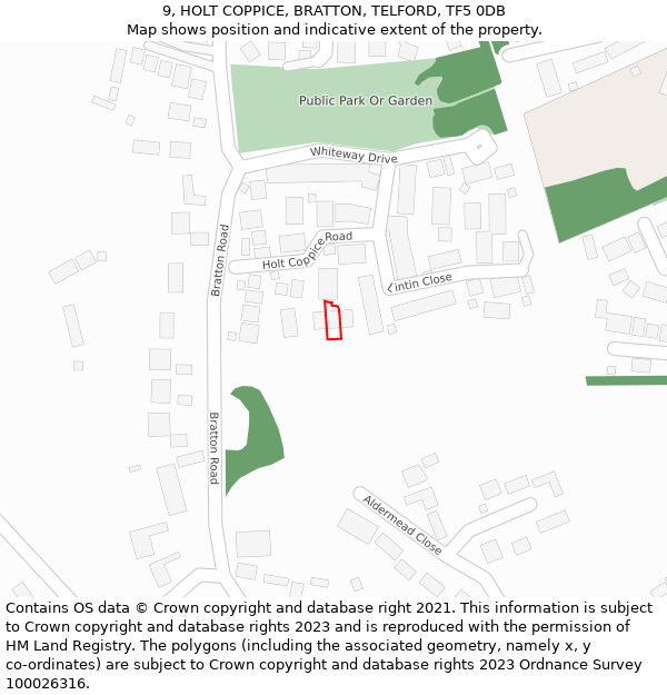 9, HOLT COPPICE, BRATTON, TELFORD, TF5 0DB: Location map and indicative extent of plot
