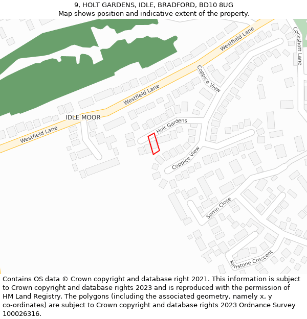 9, HOLT GARDENS, IDLE, BRADFORD, BD10 8UG: Location map and indicative extent of plot