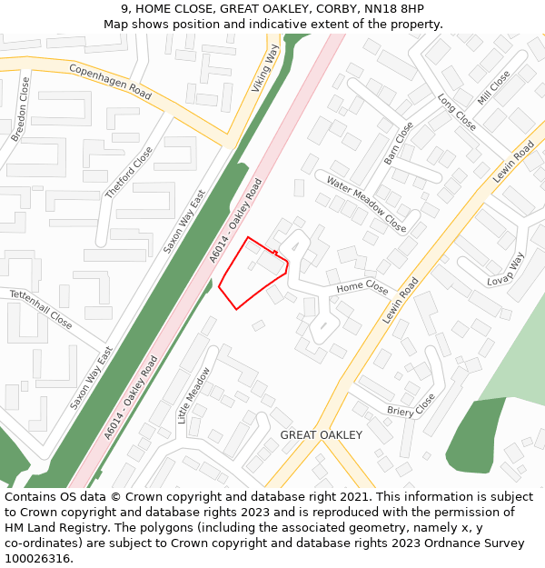 9, HOME CLOSE, GREAT OAKLEY, CORBY, NN18 8HP: Location map and indicative extent of plot