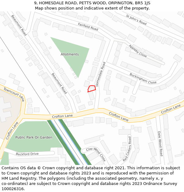 9, HOMESDALE ROAD, PETTS WOOD, ORPINGTON, BR5 1JS: Location map and indicative extent of plot