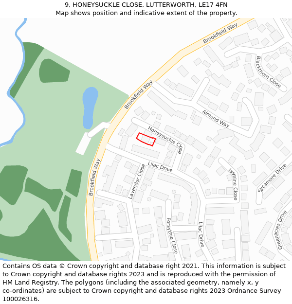 9, HONEYSUCKLE CLOSE, LUTTERWORTH, LE17 4FN: Location map and indicative extent of plot