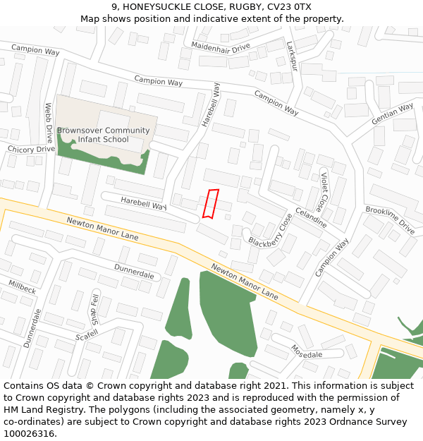 9, HONEYSUCKLE CLOSE, RUGBY, CV23 0TX: Location map and indicative extent of plot