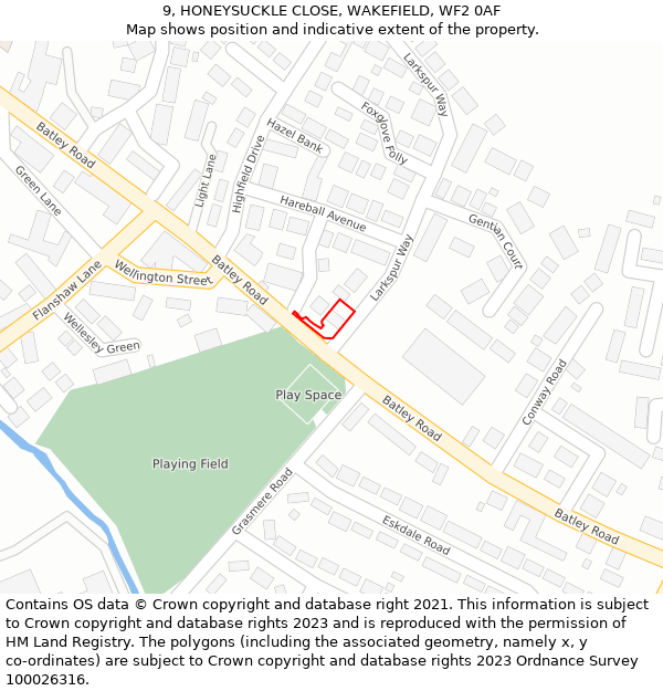 9, HONEYSUCKLE CLOSE, WAKEFIELD, WF2 0AF: Location map and indicative extent of plot