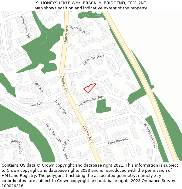 9, HONEYSUCKLE WAY, BRACKLA, BRIDGEND, CF31 2NT: Location map and indicative extent of plot