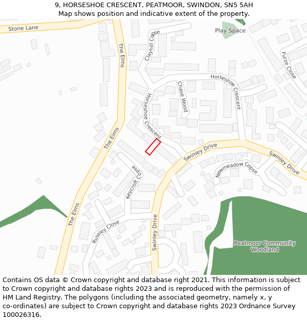 9, HORSESHOE CRESCENT, PEATMOOR, SWINDON, SN5 5AH: Location map and indicative extent of plot