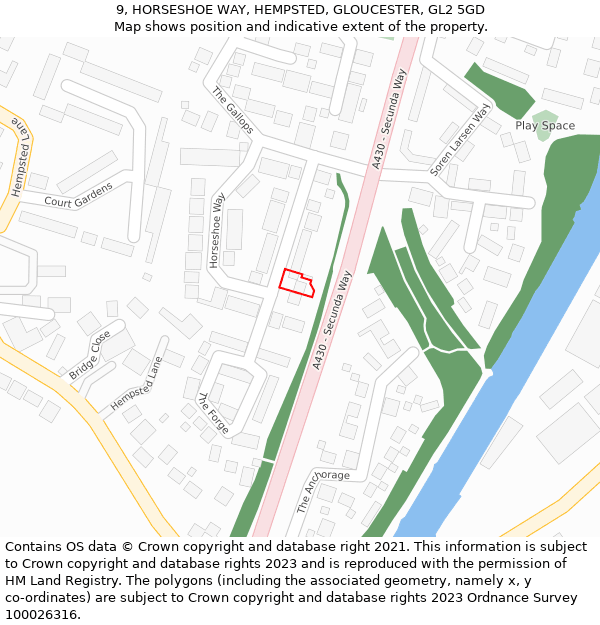 9, HORSESHOE WAY, HEMPSTED, GLOUCESTER, GL2 5GD: Location map and indicative extent of plot