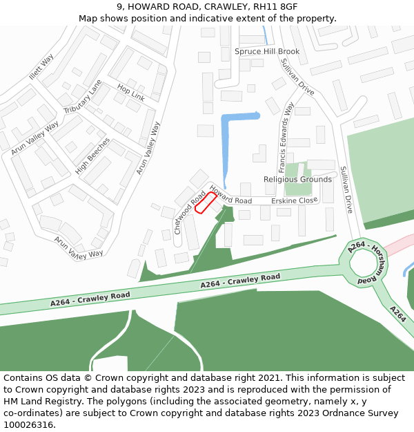 9, HOWARD ROAD, CRAWLEY, RH11 8GF: Location map and indicative extent of plot