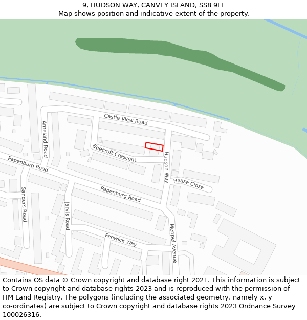 9, HUDSON WAY, CANVEY ISLAND, SS8 9FE: Location map and indicative extent of plot