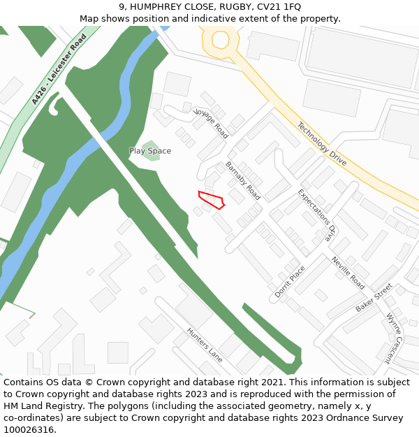 9, HUMPHREY CLOSE, RUGBY, CV21 1FQ: Location map and indicative extent of plot