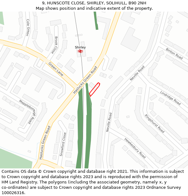 9, HUNSCOTE CLOSE, SHIRLEY, SOLIHULL, B90 2NH: Location map and indicative extent of plot