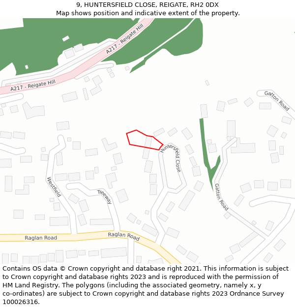 9, HUNTERSFIELD CLOSE, REIGATE, RH2 0DX: Location map and indicative extent of plot