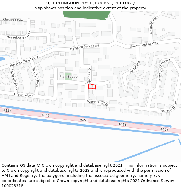 9, HUNTINGDON PLACE, BOURNE, PE10 0WQ: Location map and indicative extent of plot