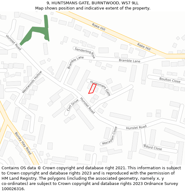 9, HUNTSMANS GATE, BURNTWOOD, WS7 9LL: Location map and indicative extent of plot
