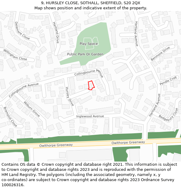 9, HURSLEY CLOSE, SOTHALL, SHEFFIELD, S20 2QX: Location map and indicative extent of plot