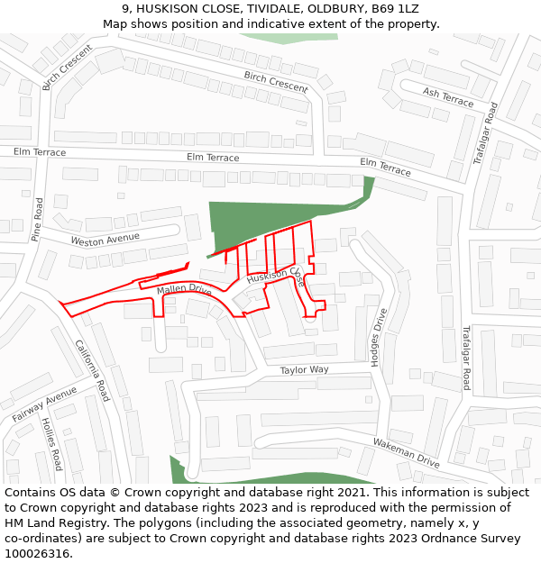 9, HUSKISON CLOSE, TIVIDALE, OLDBURY, B69 1LZ: Location map and indicative extent of plot