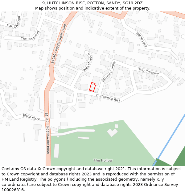 9, HUTCHINSON RISE, POTTON, SANDY, SG19 2DZ: Location map and indicative extent of plot
