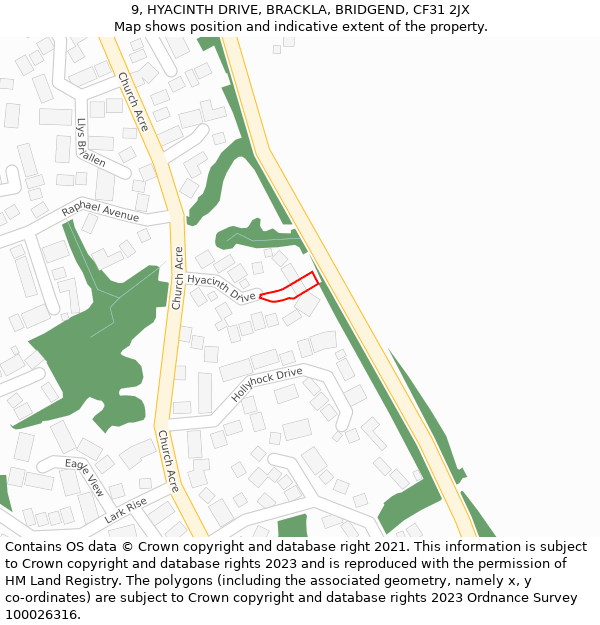 9, HYACINTH DRIVE, BRACKLA, BRIDGEND, CF31 2JX: Location map and indicative extent of plot