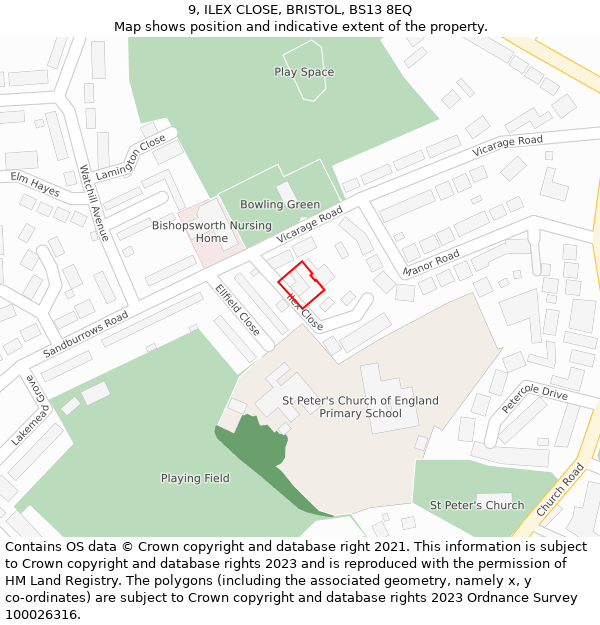 9, ILEX CLOSE, BRISTOL, BS13 8EQ: Location map and indicative extent of plot
