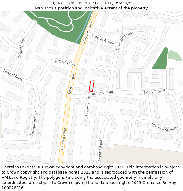 9, INCHFORD ROAD, SOLIHULL, B92 9QA: Location map and indicative extent of plot